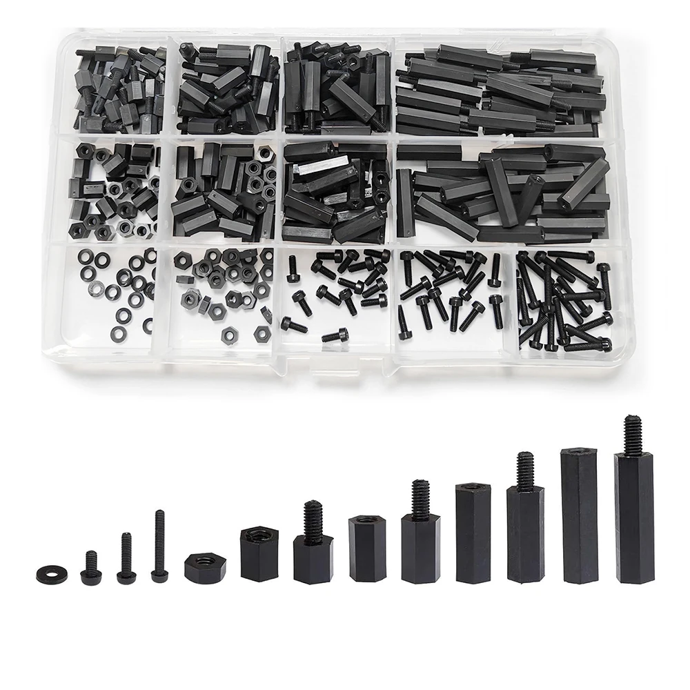 180/300/320/600pcs Hex Nylon Standoff Spacer Column Flat Head Nylon Plastic Spacing Screws Nuts M2.5 M3 M4  Black Nut Kit