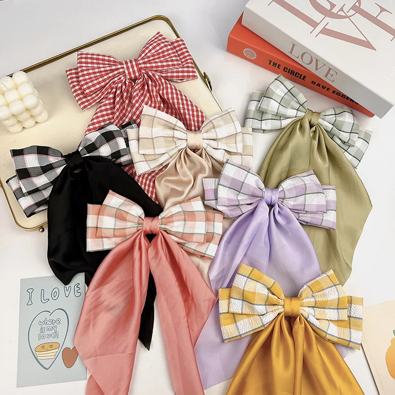 Elegant Bow Ribbon Hair Clip for Women Plaided Printed Satin Spring Clip Simple Bowknot Hairpins Barrette Girls Hair Accessories