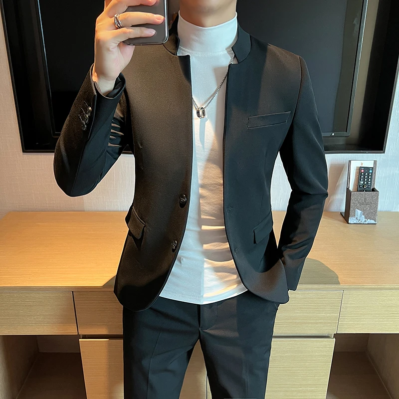 

Мужской костюм с воротником-стойкой для осени и зимы, повседневный, для свадьбы, приталенный, в западном стиле, из смесовой ткани (полиэстер, вискоза, спандекс)