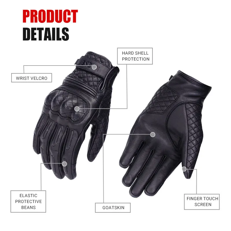 Classic Retro Goat Leather Gloves Motorcycle Gloves Black Full Finger Gloves Motorbike Locomotive Gloves Touch Screen Moto Glove