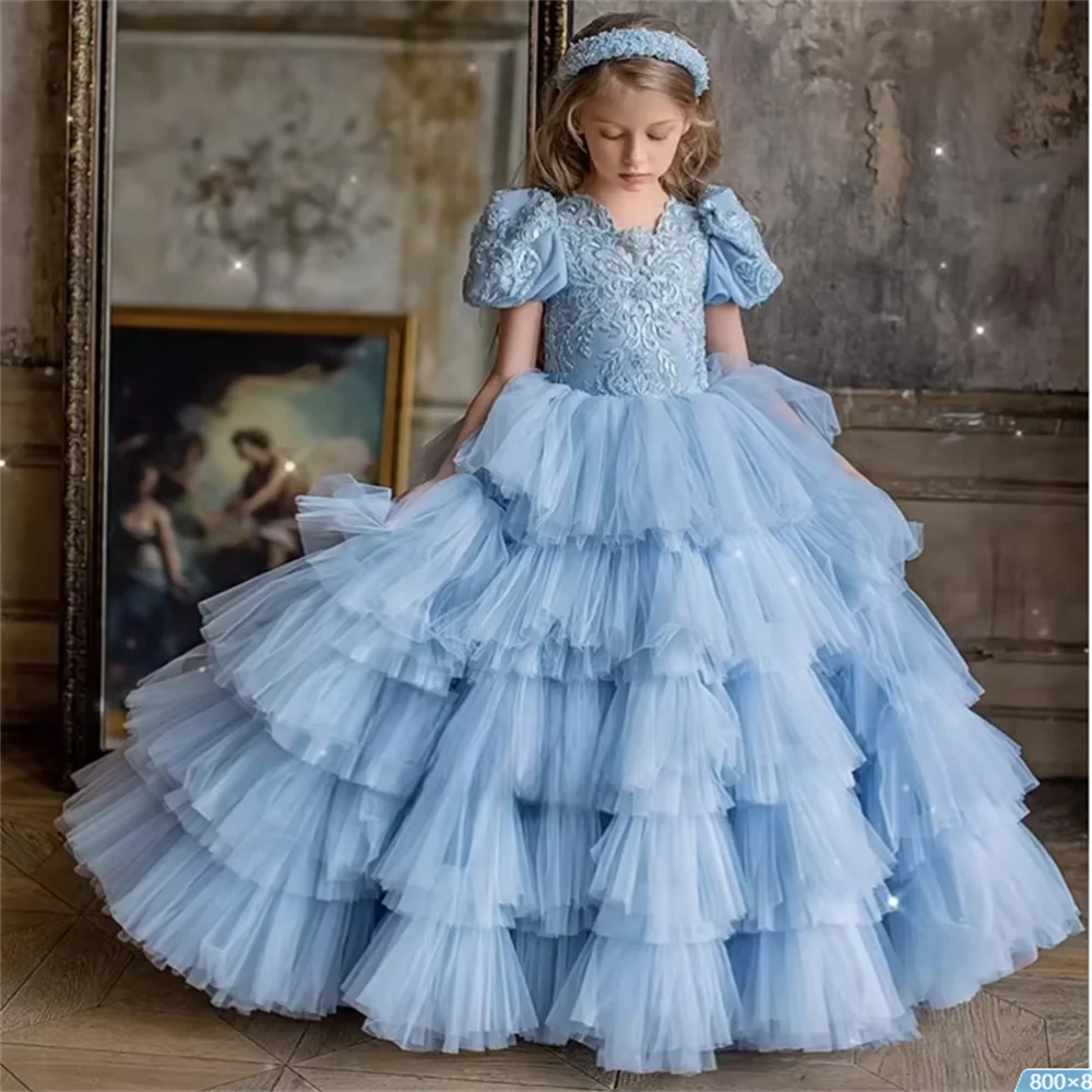 Robe en tulle brodée à plusieurs niveaux pour enfants, robe de reconstitution historique pour enfants, longue robe de soirée, rose, fleur, luxe, fête d'anniversaire, tout ce que vous voulez