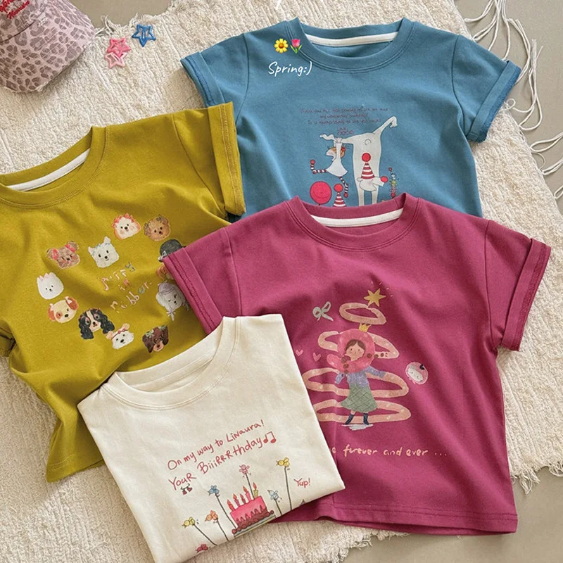 

2026 Summer New Children Short Sleeve T Shirts Girls Fashion Cartoon Print Cotton Tee Toddler Casual Tops Kids Clothes