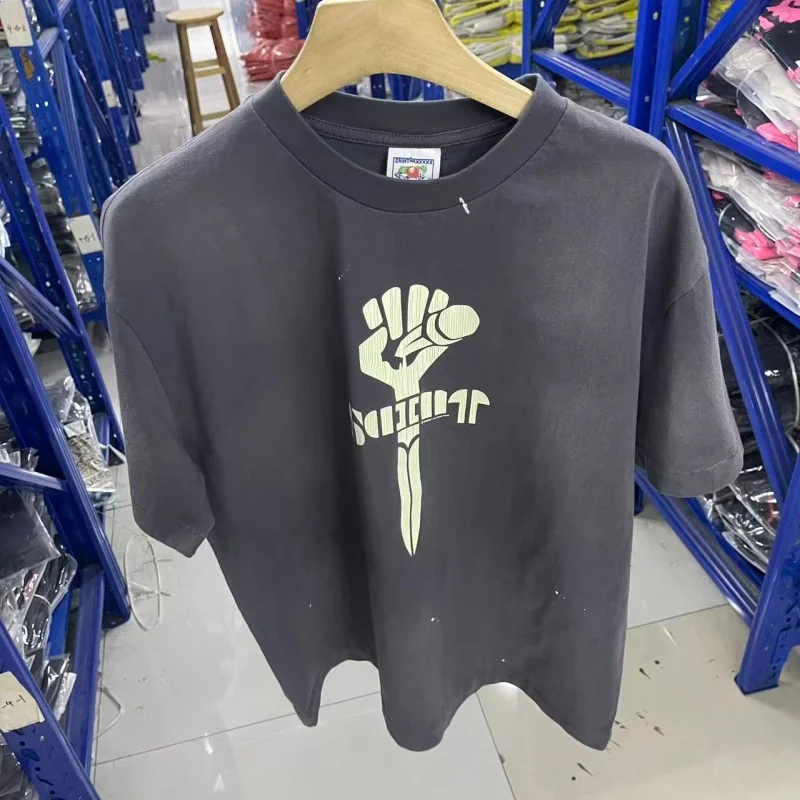 Grunge Washed Men Cotton T-Shirt Saint Fist Sword Text Graphic Streetwear Tee