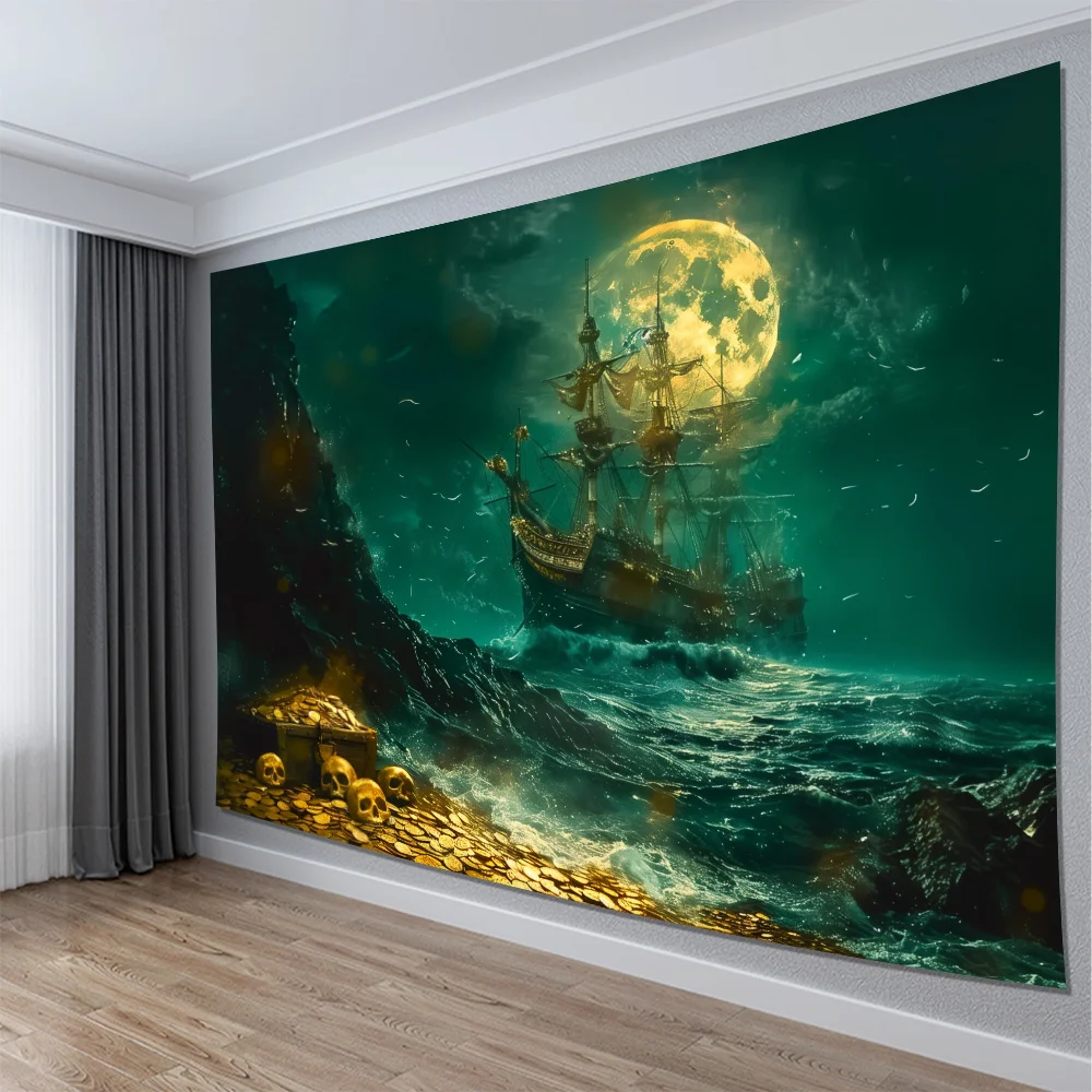 Fantasy Pirate Ship Tapestry 2D Digital Print Polyester Wall Hanging Living Room Bedroom Office Decor with Hooks
