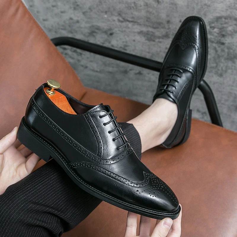 Black Brogue Shoes Lace-up Square Toe Spring Autumn Handmade Oxford Shoes for Men  Size 38-46