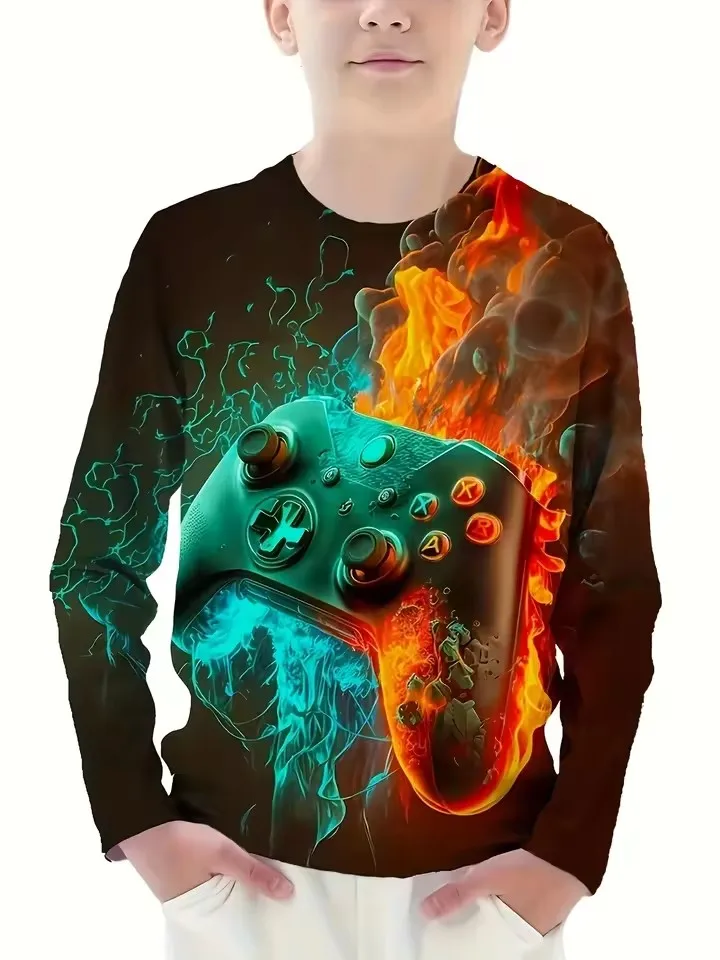 kids t‑shirt,crew neck long sleeve tee,game controller print,fire lightning graphic,brown casual top for boys daily wear
