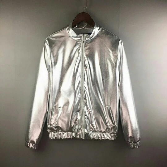 Fashion Men Nightclubs Gold Glossy Jackets Coats Men Women Casual Slim Thin Zippers Coat Silver Golden Hip Hop Bomber Jacket