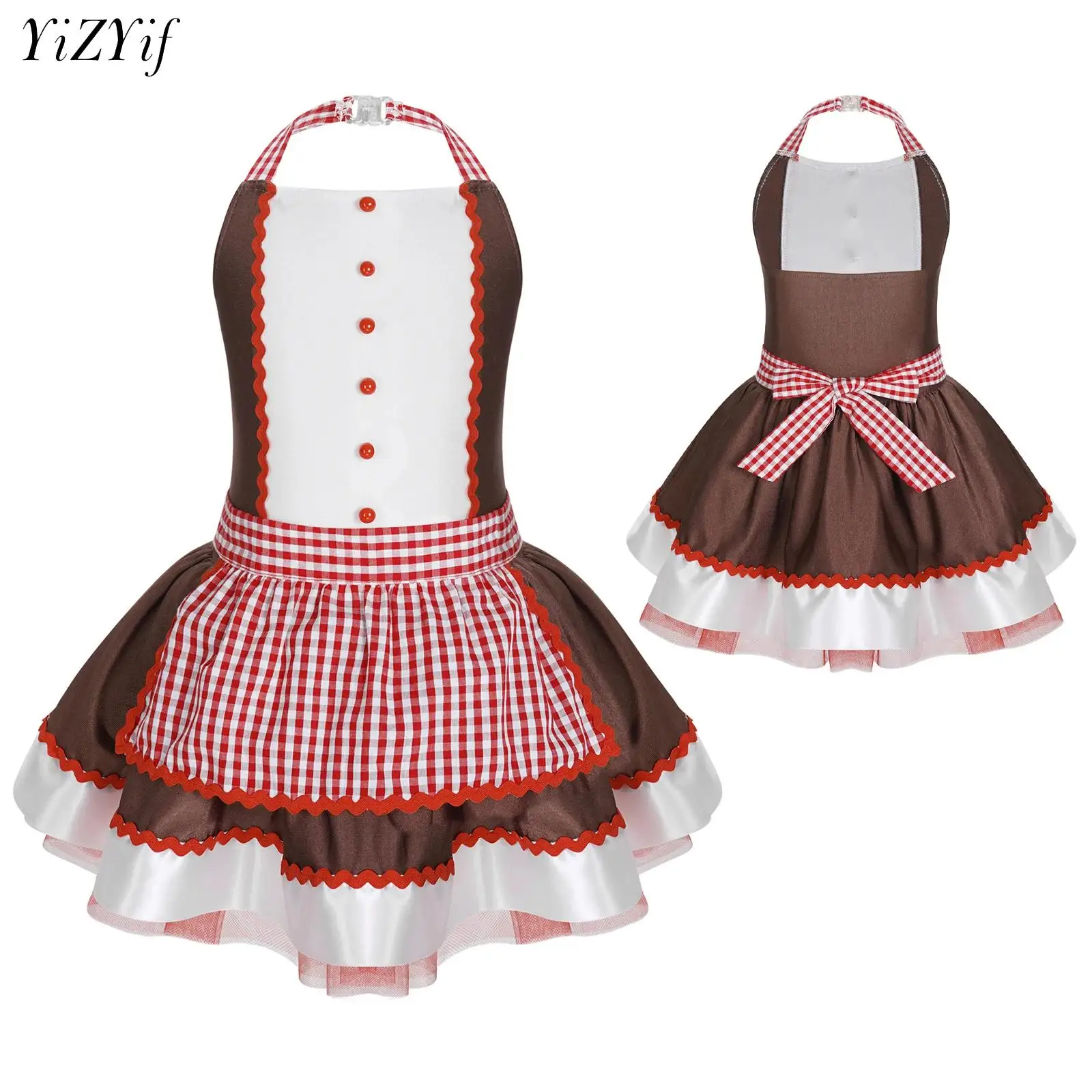 Kids Girl Gingerbread Costume Christmas Halter Neck Sleeveless Plaid Apron Dress Maid Cosplay Party Dance Dresses Figure Skating