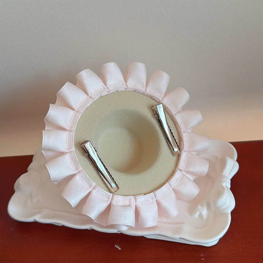 اليدوية لوليتا الوردي القوس أفضل قبعة الدانتيل الدانتيل منقار البط كليب تاج اللؤلؤ إكسسوارات الشعر الصورة