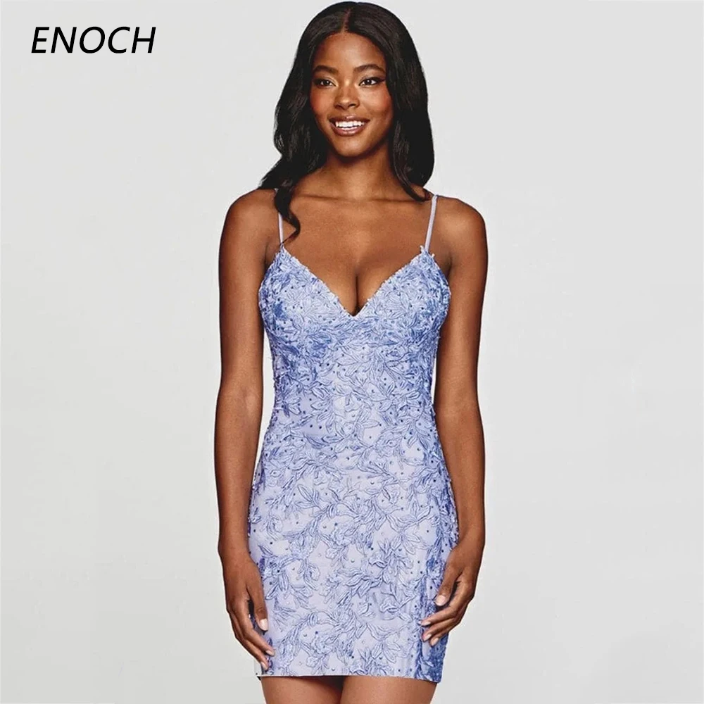 ENOCH Stunning V-Neck Short Party Dresses New Appliques Spaghetti Strap Lace Up Back Above Knee Prom Gown فساتين للحفلات الراقصة