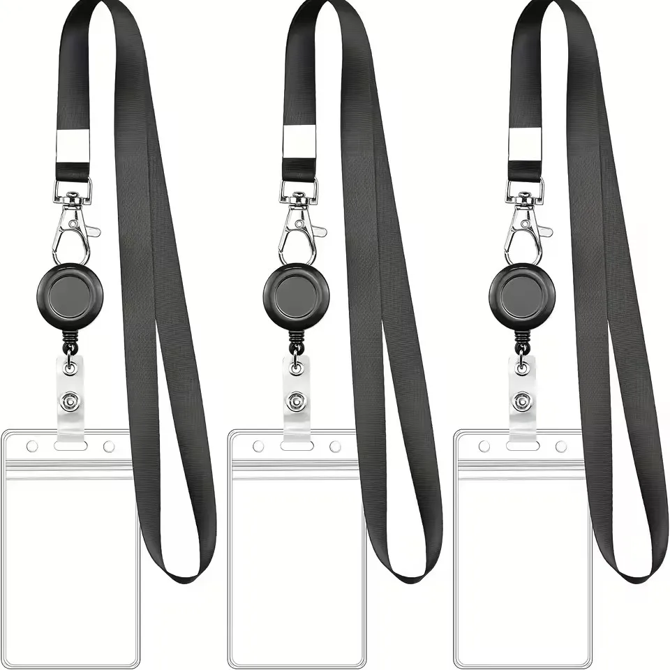 Black Retractable Badge Reel Set with Lobster Clasp and Waterproof PVC Card Holder, Durable Lanyard, for Work ID and Name Tags