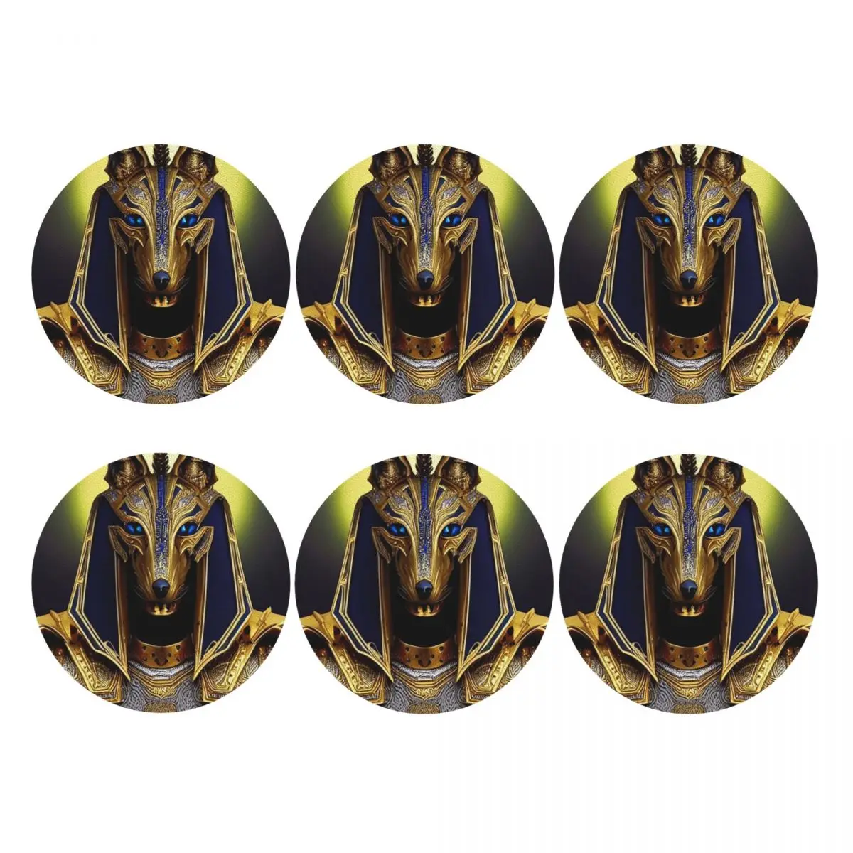 Egyptian God Anubis Art Coasters PVC Leather Placemats Non-slip Coffee Mats for Decor Kitchen Dining Pads Set of 6