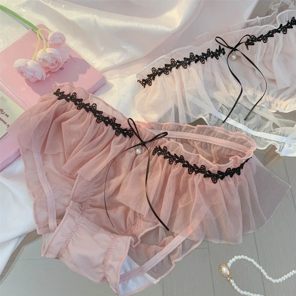 Comfort Mesh Thin Women's Underwear Transparent Low Waist Lace Panties Sweet Bow Triangle Pants Women