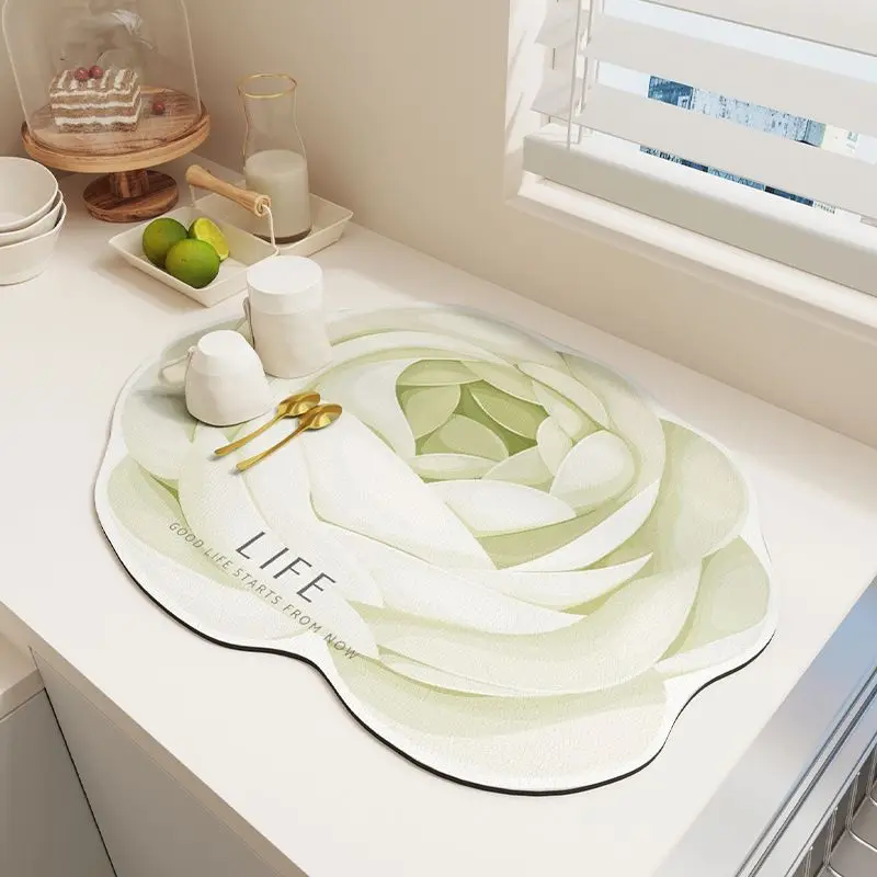 Alien White Green Camellia LIFE English Kitchen Drain Mat Non slip Coffee Machine Tableware Kitchen countertop protective mat