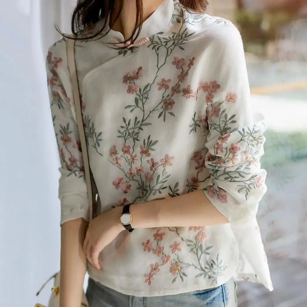Chinese Style Embroidery Elegant Long Sleeve Cheongsam Shirt Women Shirt Daily Wear Retro Frog Buttons Cotton Linen
