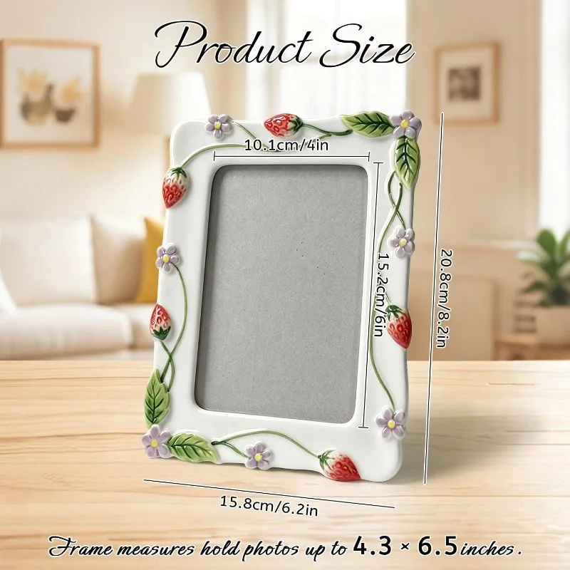 Ceramic Strawberry Pet Photo Frame,Hand-painted 4x6 Inch,Protective Glass,Easy Photo Swap,Creamy Rustic Tabletop Decor,Cute Gift