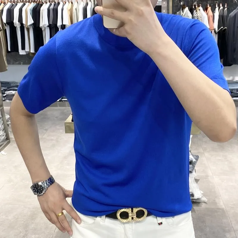 

Мужская приталенная трикотажная футболка с коротким рукавом, однотонная, базовый слой, роскошный свитер с коротким рукавом, осенняя мода, городской стиль