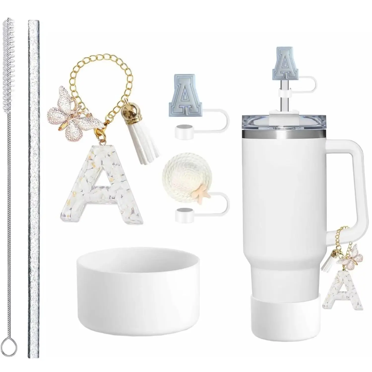 Silicone Hat Straw Topper with Brush Bow Resin Letter Cup Chain Charms - Set of 6 Straws for Party And Beverage Decoration
