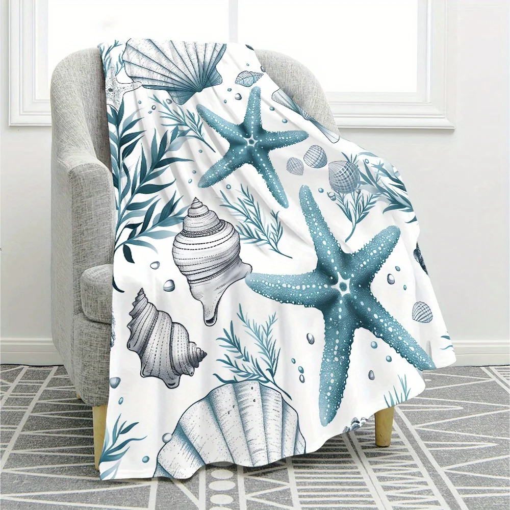 Contemporary Starfish & Sea Shell Pattern Flannel Fleece Blanket - All Seasons, Machine Washable, Reversible, Digital Print