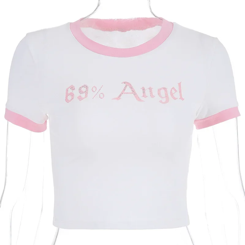 Sommer T-Shirts Mädchen niedlichen Tops Streetwear Kawaii rosa T-Shirt Y2k Top Harajuku Frauen Brief gedruckt Kurzarm sexy Crop Top