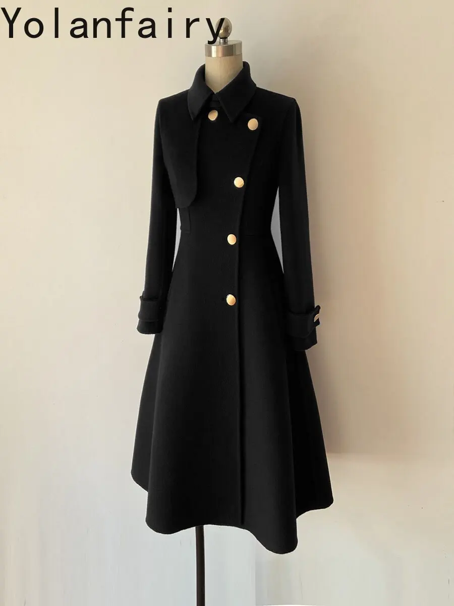 YOLANFAIRY Double-faced Cashmere Coats for Woman Elegant Waisted Wool Coat Women Clothing Mid-length Woolen Coat Winter пальто