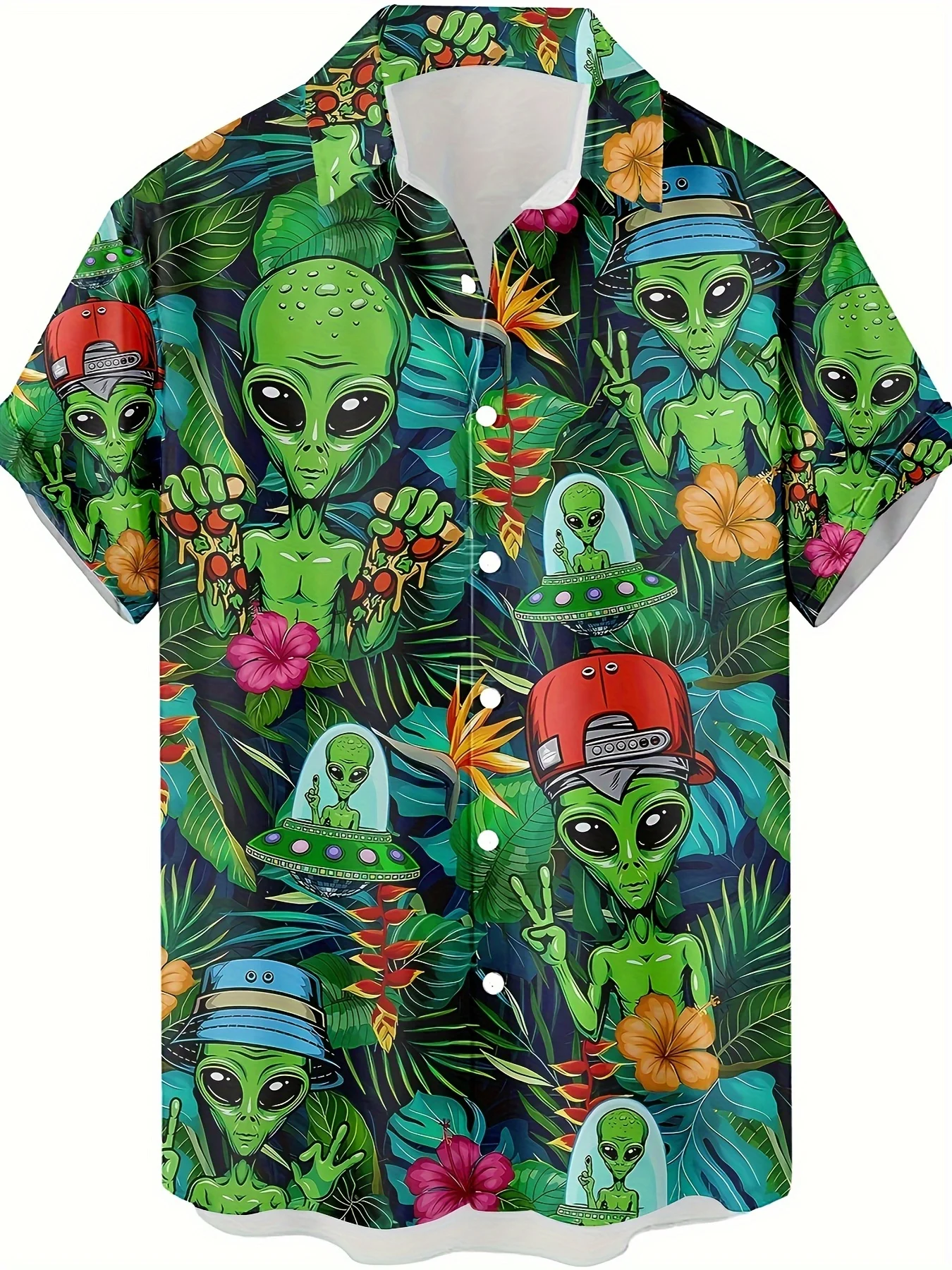 Fashionable hawaiian shirt for men, with a novel all-over alien print, short sleeves, perfect for summer.