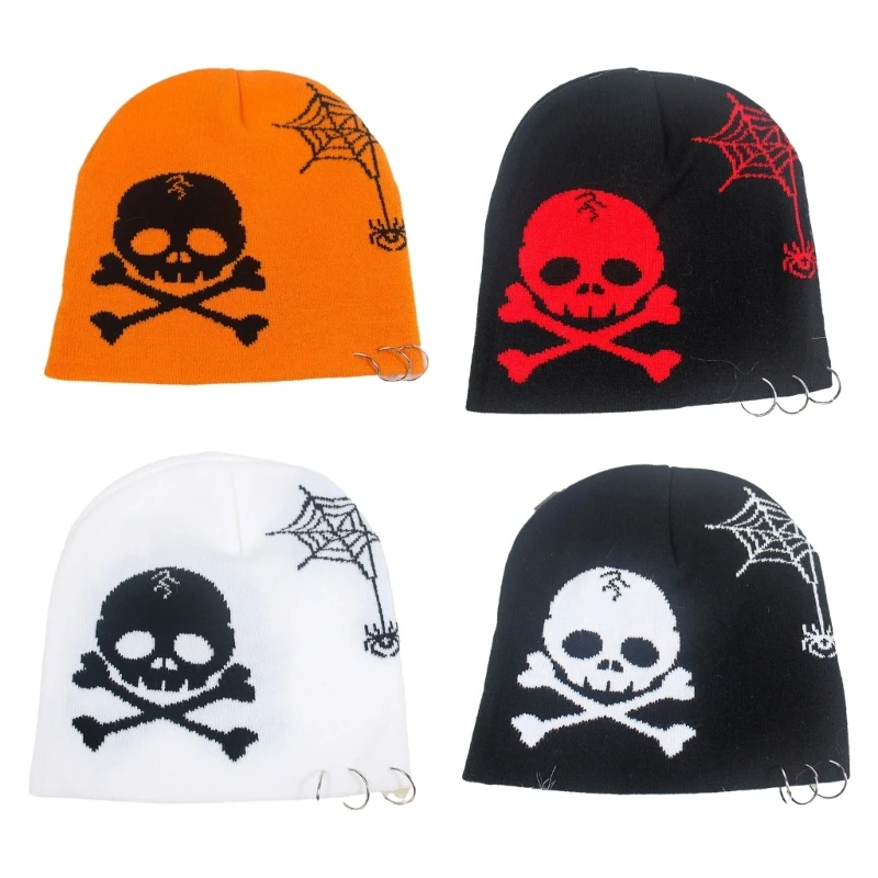 Gothic Knitted Beanie Hat Halloween Skull Bone Cobweb Pattern Unisex Hat Skull Party Hats