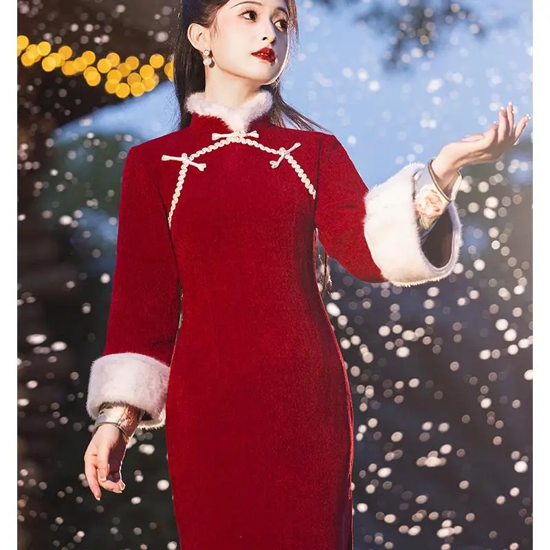 Red Young Style Long Sleeve Flocking Qipao Wedding Dress for Toast Serving Winter New Chinese Style Custom Made Women's Dress