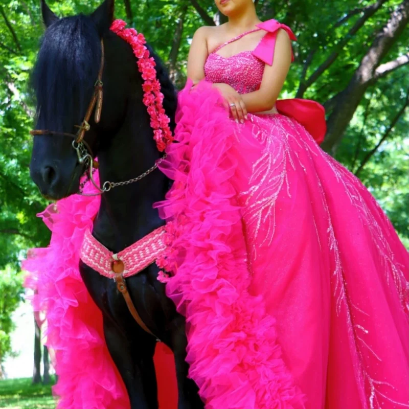 Magenta Quinceanera Dress Glitter Decal Lace Ruffle Long tail off-shoulder Bow Vestidos De 15 Quinceanera ﻿Customize