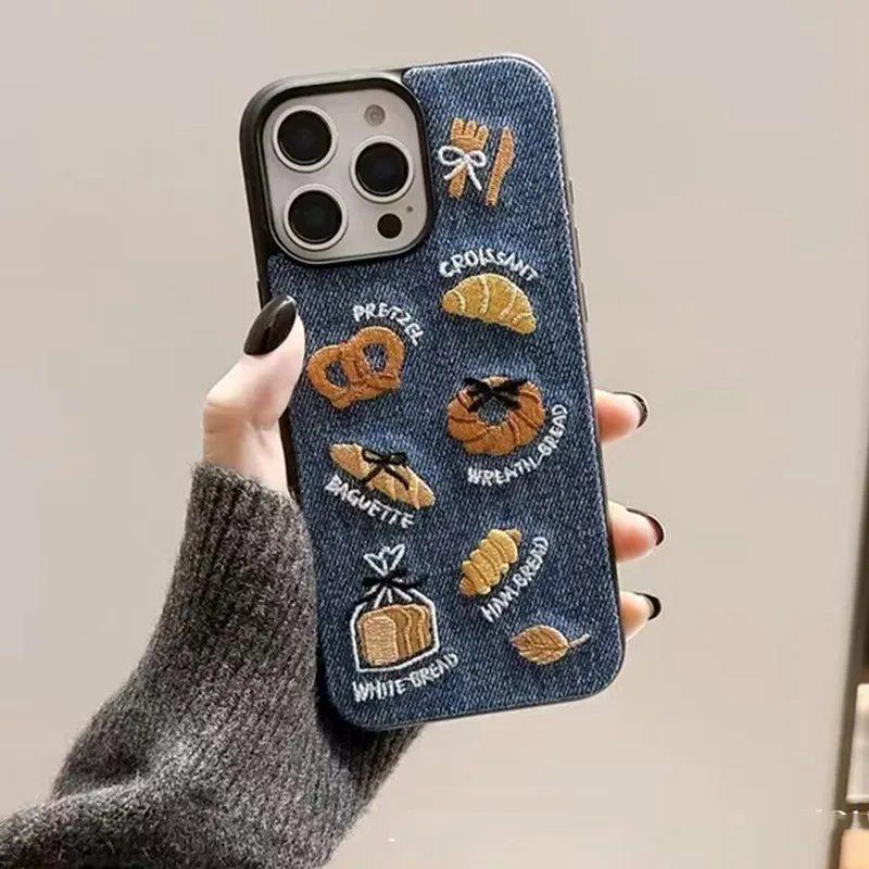 Ins Embroidered Bread Phone Cases For IPhone 16 Pro 15 13 Pro 14 Pro Max Protective Cover Cowboy Toast Cases For Apple 15 Pro