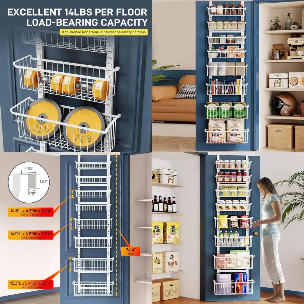 

8-Tier Metal Pantry Organizer with Adjustable Baskets, Over-the-Door Storage Rack for Kitchen, Laundry, and Bath, White