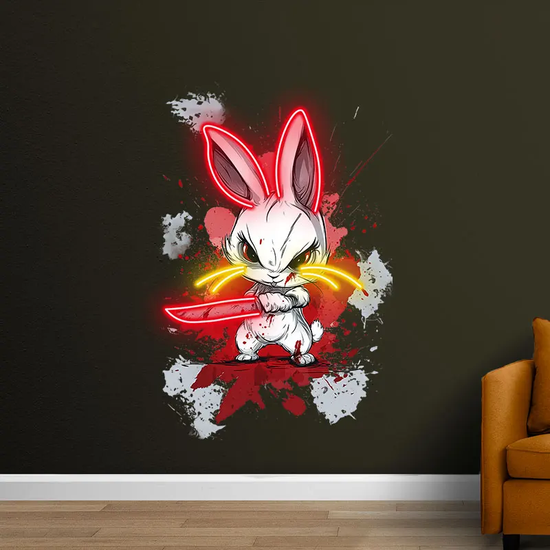 لوحة فنية جدارية نيون من Toysign Samurai Bunny - لافتة LED شرسة مع كاتانا، نمط كرتوني، ديكور جريء لغرفة الألعاب والبار والجل الكهف