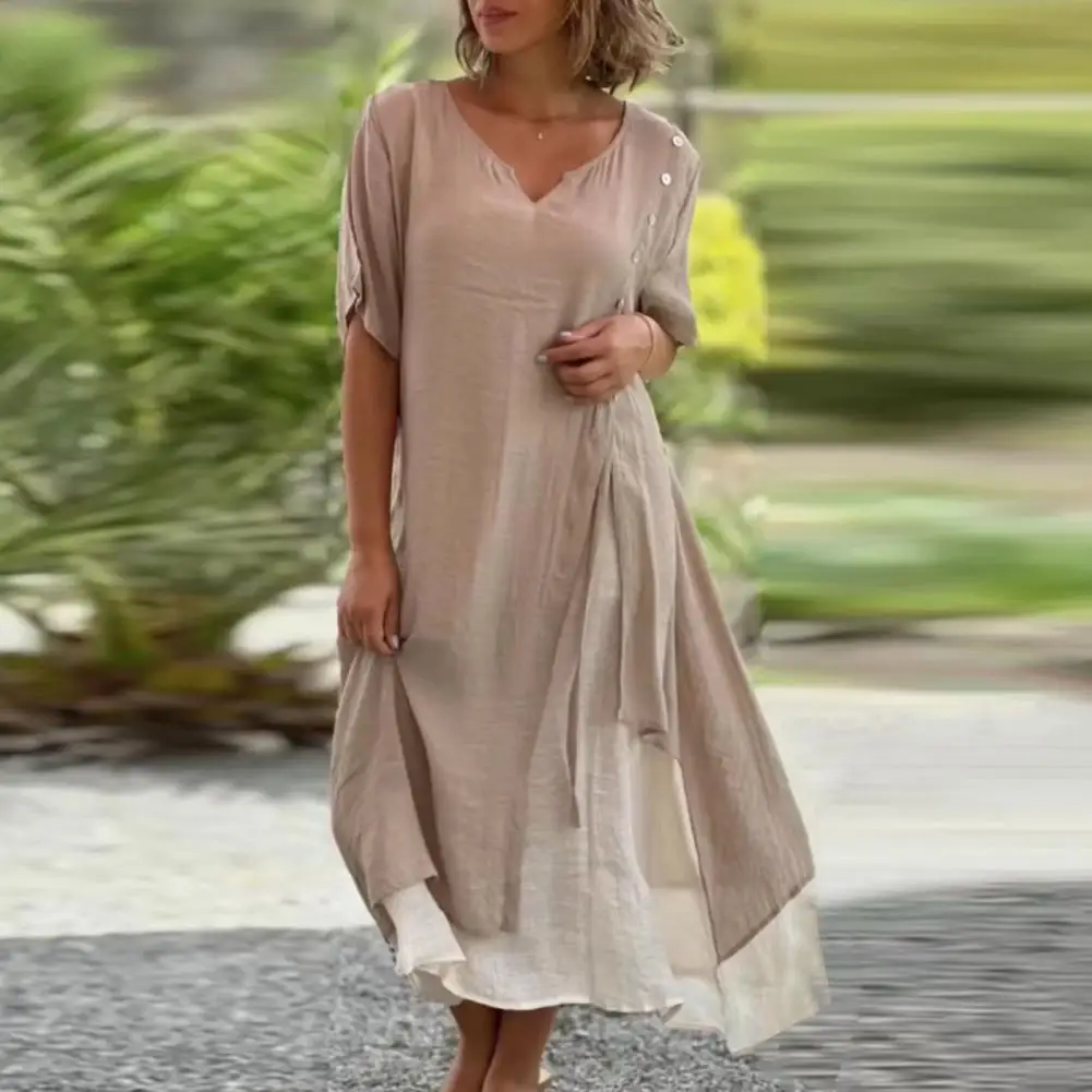 Spring Summer Dress Stylish Women's Midi Dress with V Neck Button Decor Casual Two-piece Contrast Color Design Soft for Summer