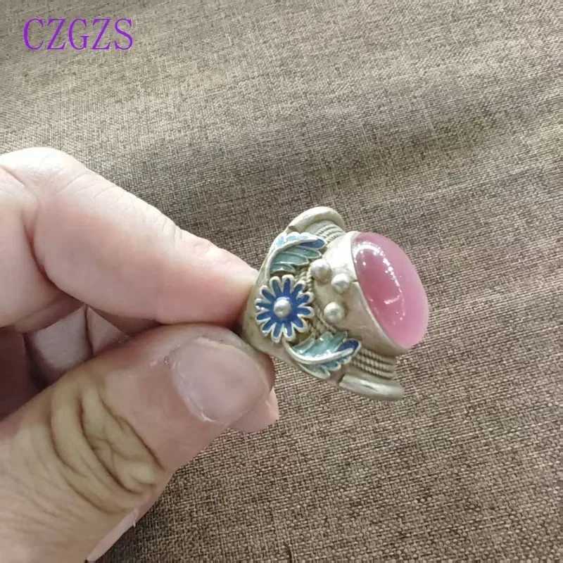 Orientalischer Vintage Unisex Offener Ring mit Blumen- und Blattmuster, Emaille-Metallband, Ovaler Imitations-Rosenquarz, Verstellbarer Ethnischer Fingerschmuck – Detail 5
