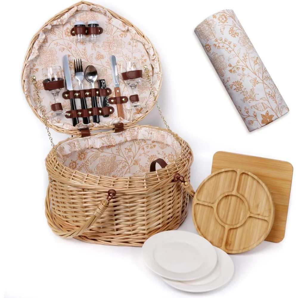 Heart Wicker Picnic Basket for 2 Person Set with Blanket & Bamboo Plate & Cheese Board, Couples Gifts