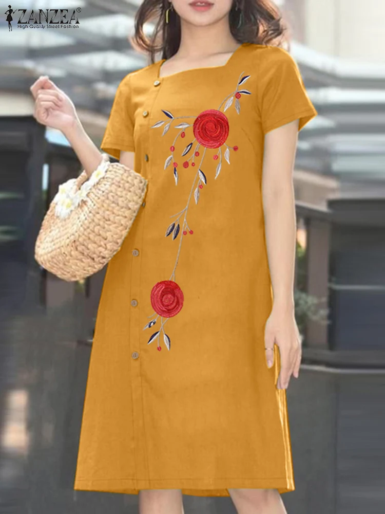 Zanzea Vintage Sommer Vierkant hals Kurzarm Kleid Frauen Mode Blumen stickerei knielange Sommerkleid Urlaub Strand Vestido