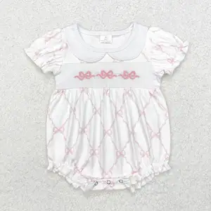 Macacão bordado bebê menina, macacão rosa padrão arco, roupas boutique, novo, RTS, atacado, outono 10 principais vendas roupas de bebe no atacado - №5
