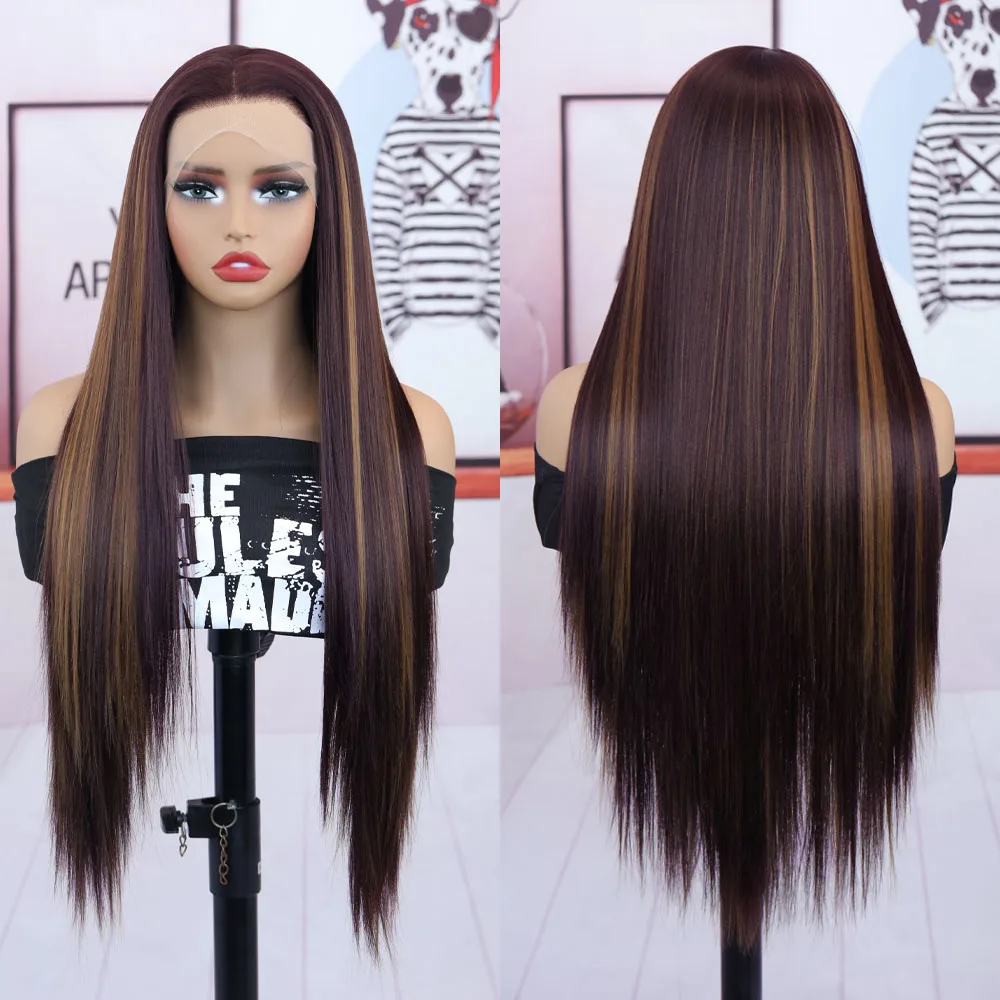 13x4 Burgundy Highlight Pre-Colored Synthetic Lace Wig, Pre-Cut Pre-Plucked Hairline, 26 Inch Straight, Ready for Beginners