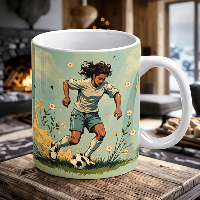 

Daisy Floral Girl Football Mug, Pastoral Lawn Dribble Soccer Ceramic Cup, 11oz Fresh Vibe Female Fan Daily Drinkware