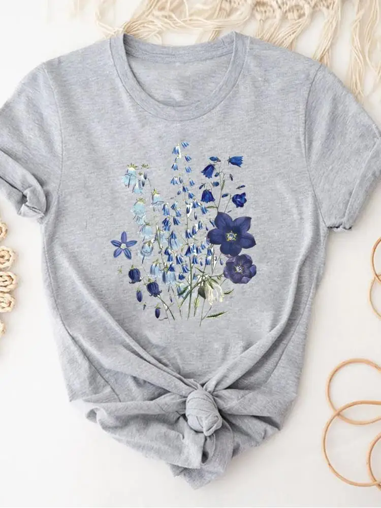 

Women Clothing Print Gray T Shirt Short Sleeve Summer Top Fashion Watercolor Sweet Trend 90s Clothes Basic Tee Graphic T-shirt