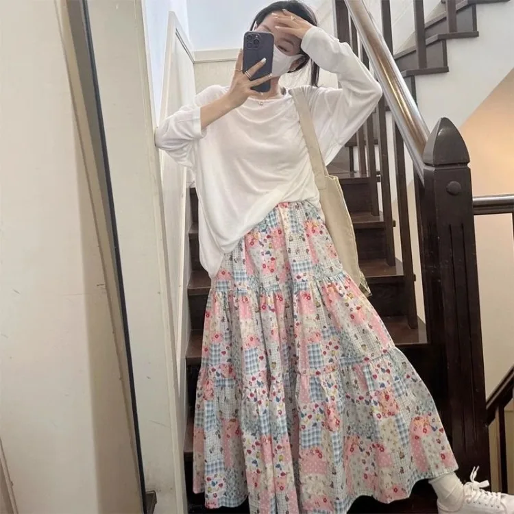 Korean Sweet Patchwork Floral A-line Skirt For Women Y2k High Waist Skirts 2026 Summer New Loose Mid-length Faldas Mujer