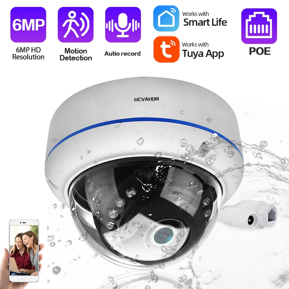 POE IP 6MP Dome Security Camera Smart Life Metal Indoor Outdoor Wateproof Ceiling CCTV Video Surveillance Camera Audio Record