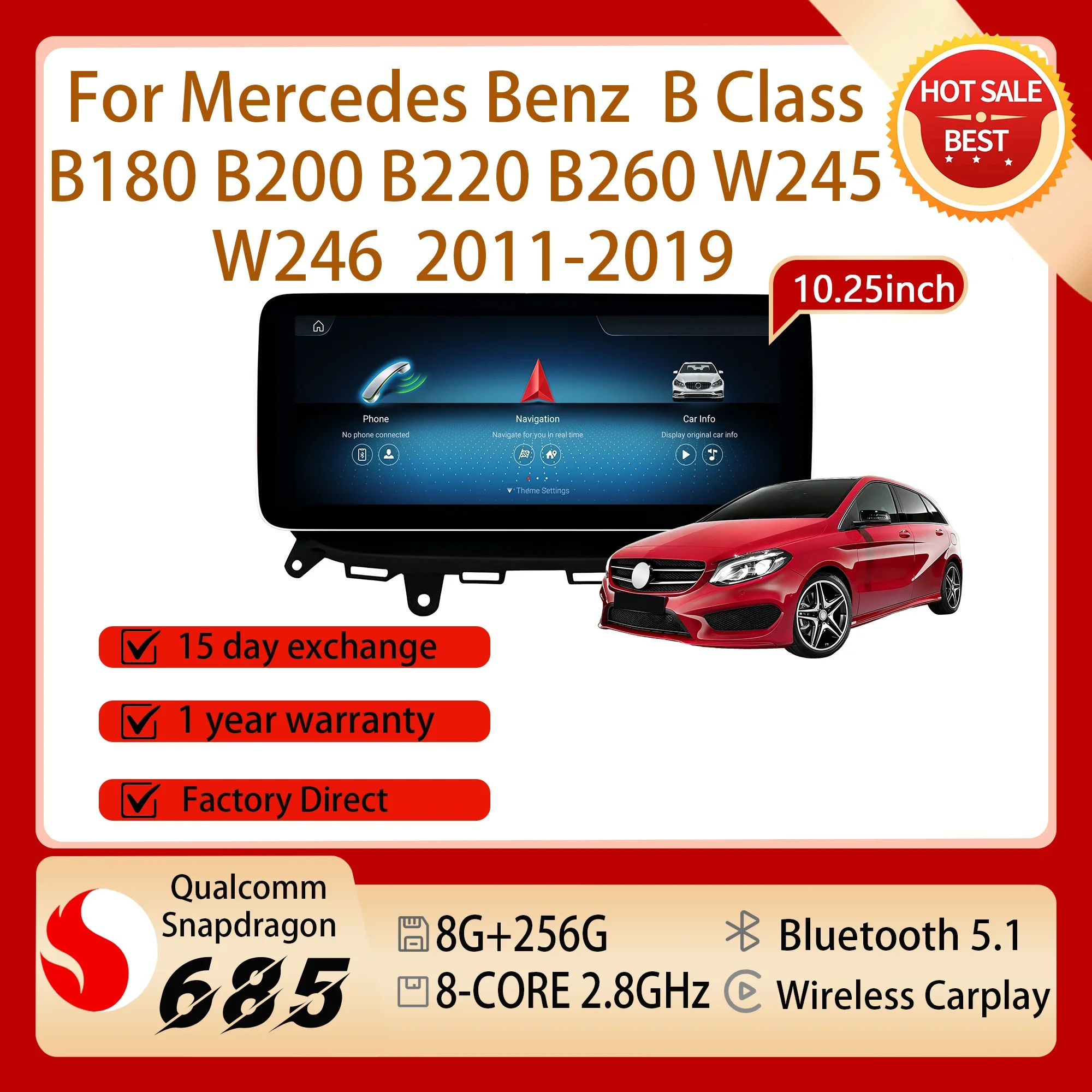 10.25 inch Right Hand Drive Radio For Mercedes Benz B Class B180 B200 B220 B260 W245 W246 2011-2019 BT Android 14 Snapdragon 685