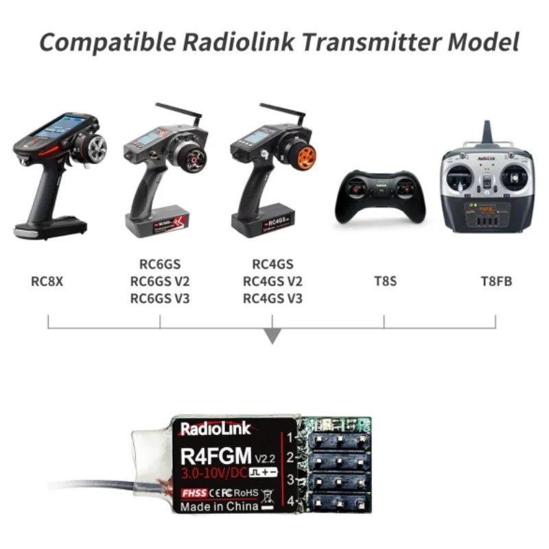 Radiolink R4FGM V2.2 4 채널 미니 RC 자동차 용 소형 RC 자이로 수신기 1/28 보트 3-10V 긴 제어 거리 RC8X RC4GS V3 RC6G