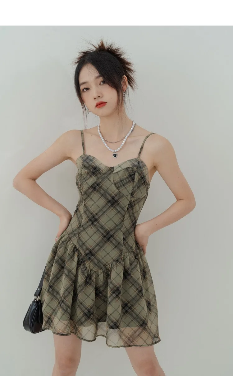 Summer Chiffon Dress Floral Plaid Mini Dress For Women Print Dress Female Cute Party Lotus Leaf Slip dress