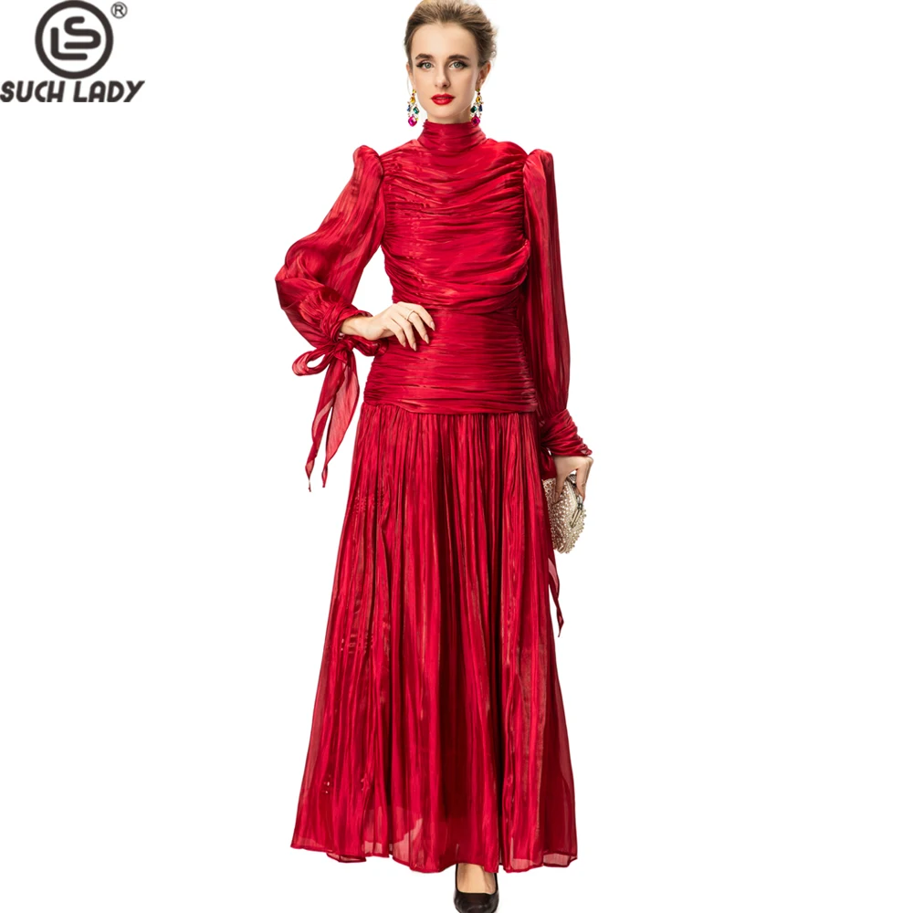 Abito da donna in raso rosso con collo alto e maniche lunghe, polsini, maxi abiti in vita pieghettati, abito da ballo per feste/eventi