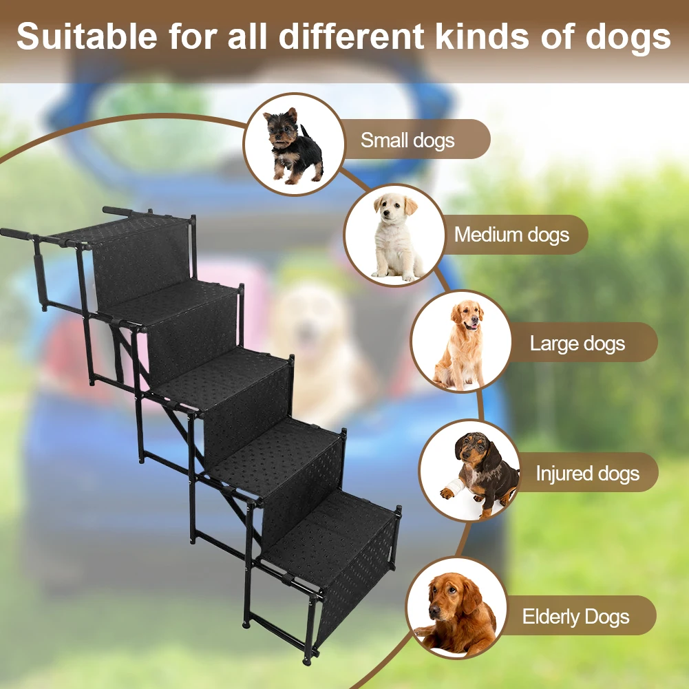 

5 Steps Car Dog Stairs Support Up To 150 Lbs Foldable Dog Ramp Ladder with Nonslip Surface Lightweight Portable Pet Ladder Ramp