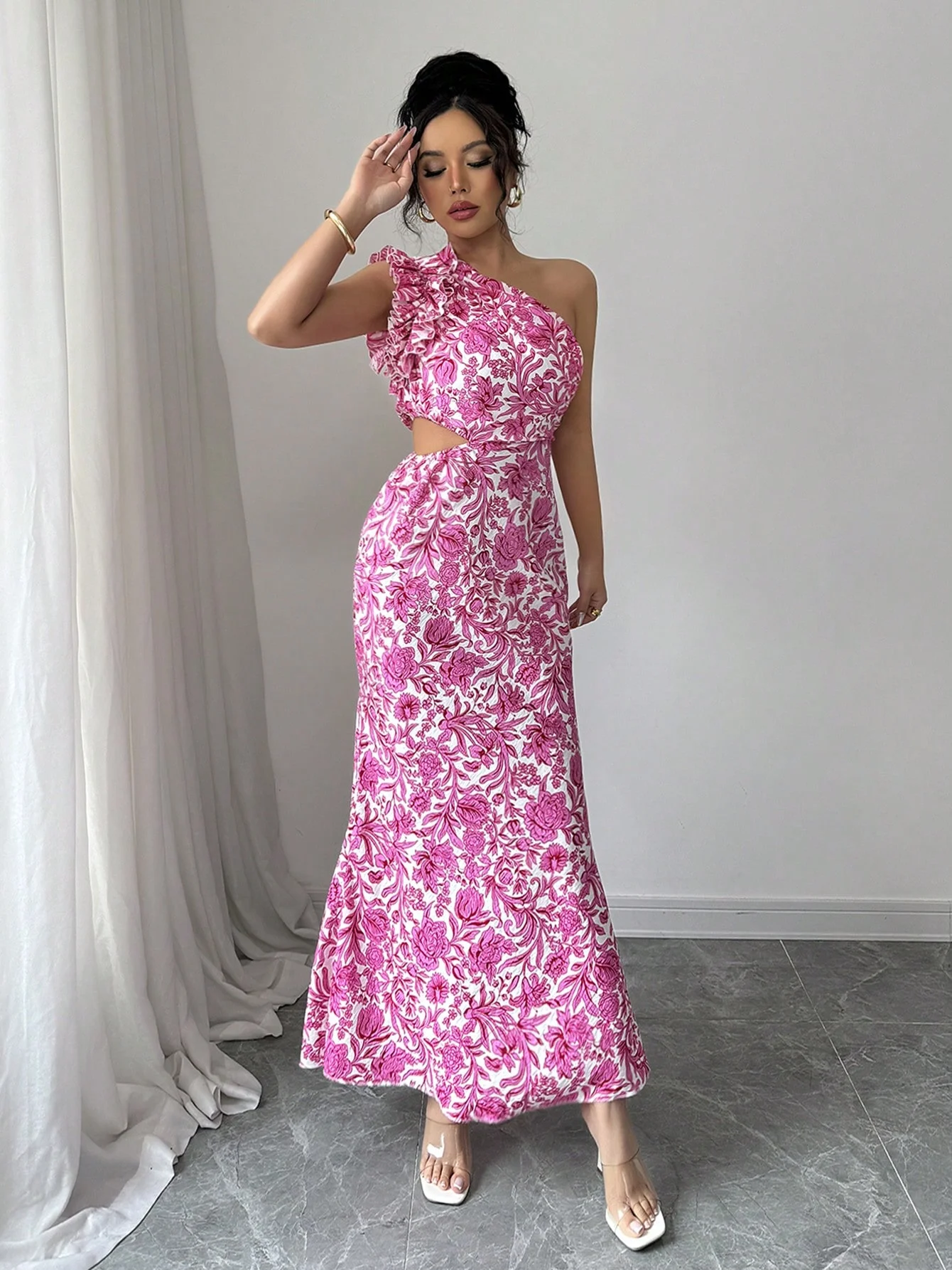 فستان مثير مكشوف الكتفين منقوش بالزهور وأكمام من الدانتيل وتصميم مقطوع عند الخصر #5