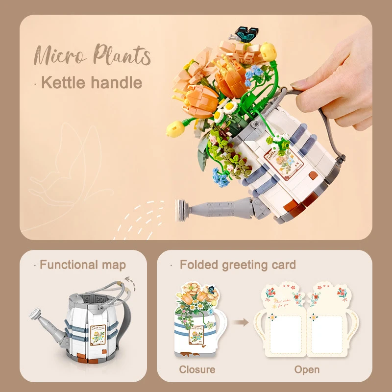 Creative Watering Can Potted Assembled Building Blocks Flower Plant Bonsai Bouquet 3d Model Decoration DIY Children\'s Toy Gift
