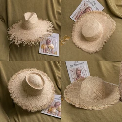 Chapeau fait main à grand bord pour femmes et hommes, bavures à pampilles, paille, raphia naturel, ander, plage, été, 2024